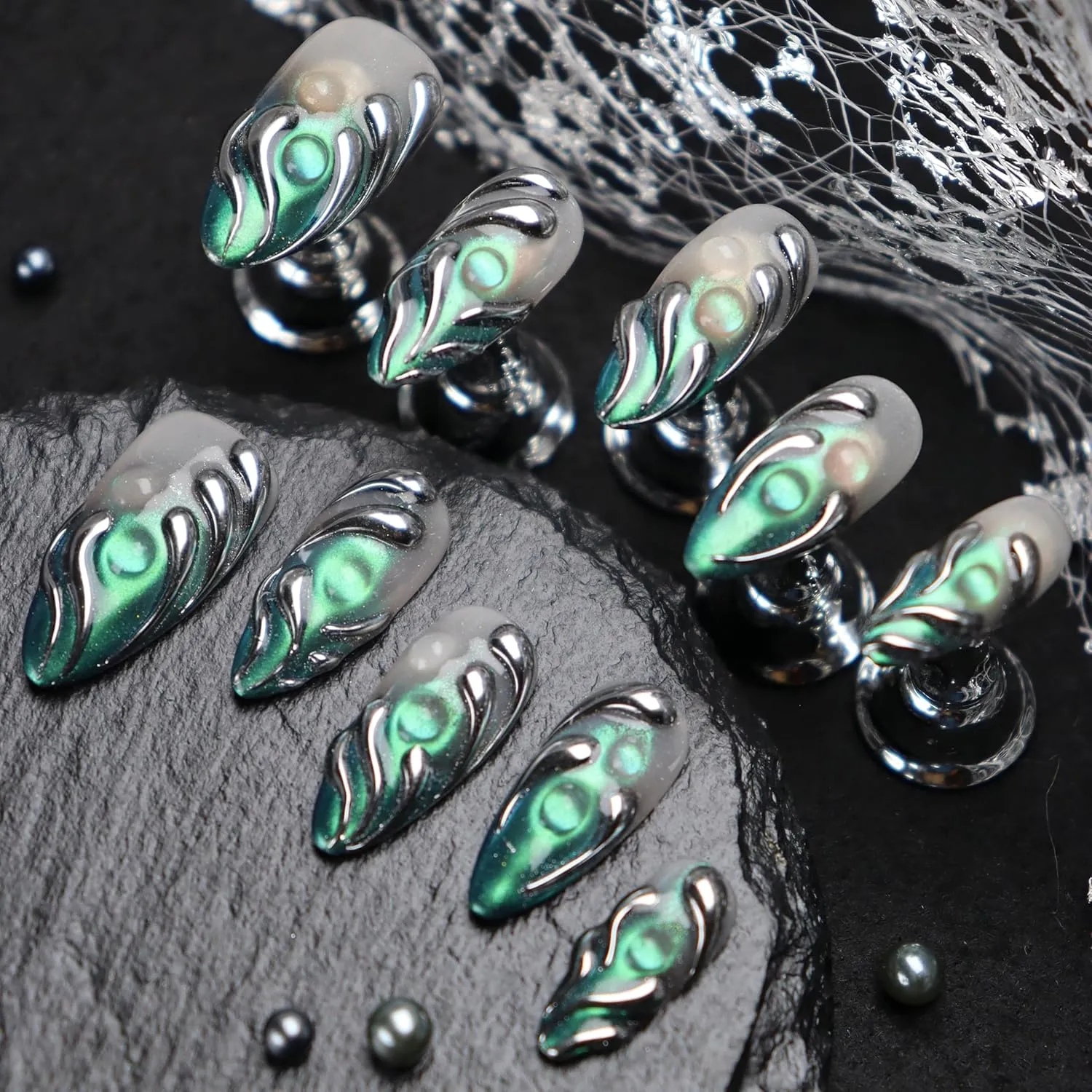 Handmade Press On Nails Almond Medium Fake Nails Punk Metallic Green Flame False Nails Silver Magic Mirror Stick on Nails for Cool and Spicy Women Girls 10 Pcs