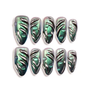 Handmade Press On Nails Almond Medium Fake Nails Punk Metallic Green Flame False Nails Silver Magic Mirror Stick on Nails for Cool and Spicy Women Girls 10 Pcs