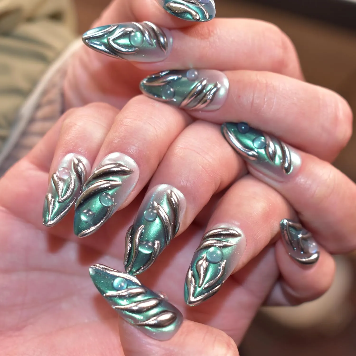 Handmade Press On Nails Almond Medium Fake Nails Punk Metallic Green Flame False Nails Silver Magic Mirror Stick on Nails for Cool and Spicy Women Girls 10 Pcs