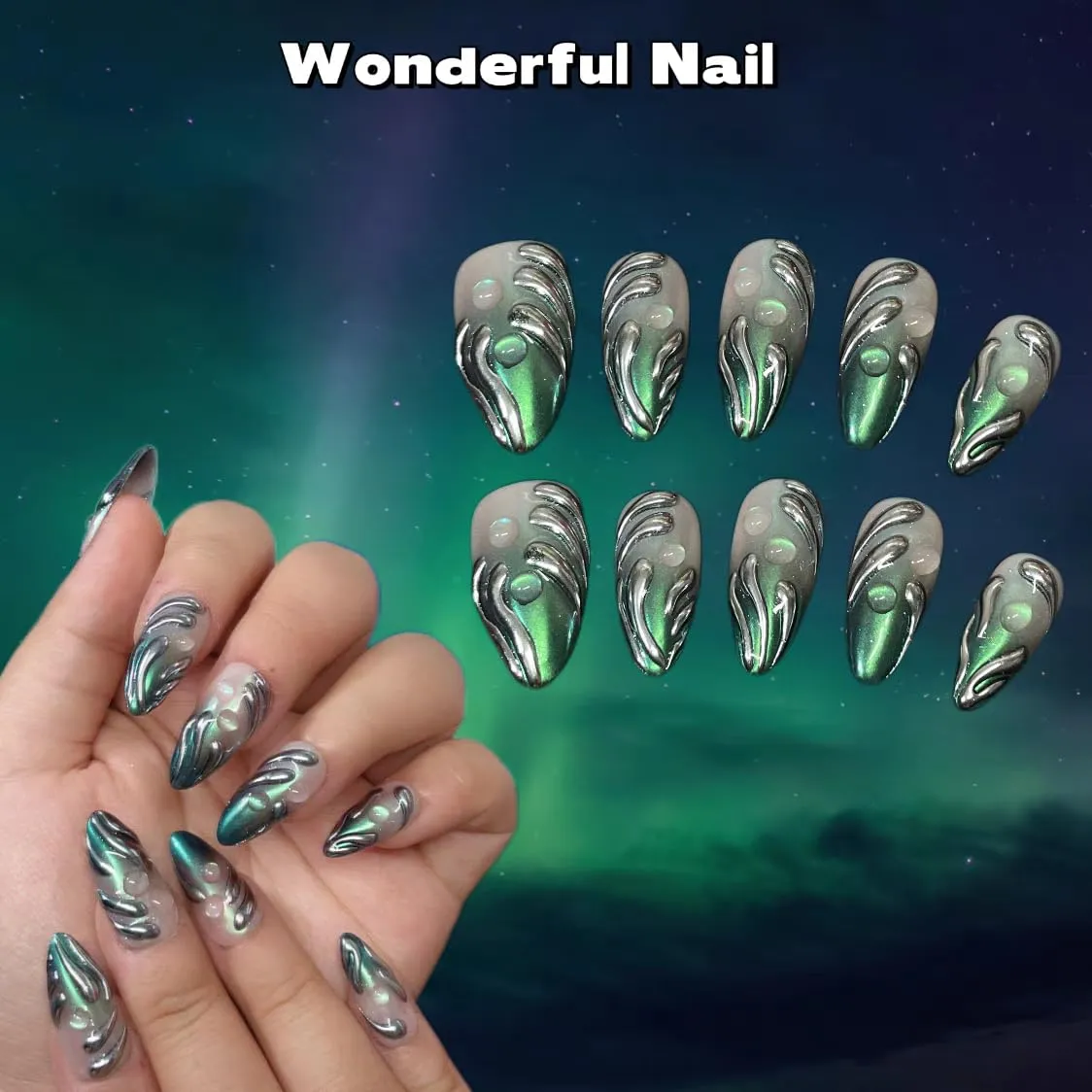 Handmade Press On Nails Almond Medium Fake Nails Punk Metallic Green Flame False Nails Silver Magic Mirror Stick on Nails for Cool and Spicy Women Girls 10 Pcs