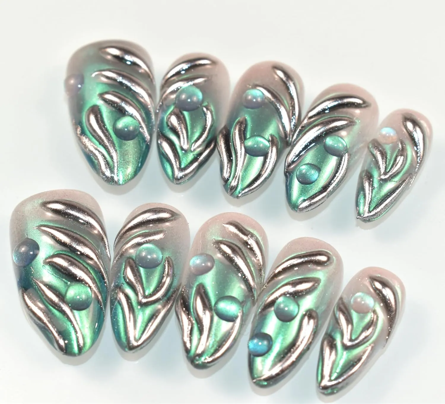 Handmade Press On Nails Almond Medium Fake Nails Punk Metallic Green Flame False Nails Silver Magic Mirror Stick on Nails for Cool and Spicy Women Girls 10 Pcs