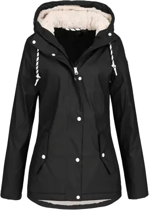 Hasta Womens Rain Jackets Waterproof Hood Thickened Long Rain Coats Fleece Warm Windbreaker Winter Outdoor Snow Trench Coats