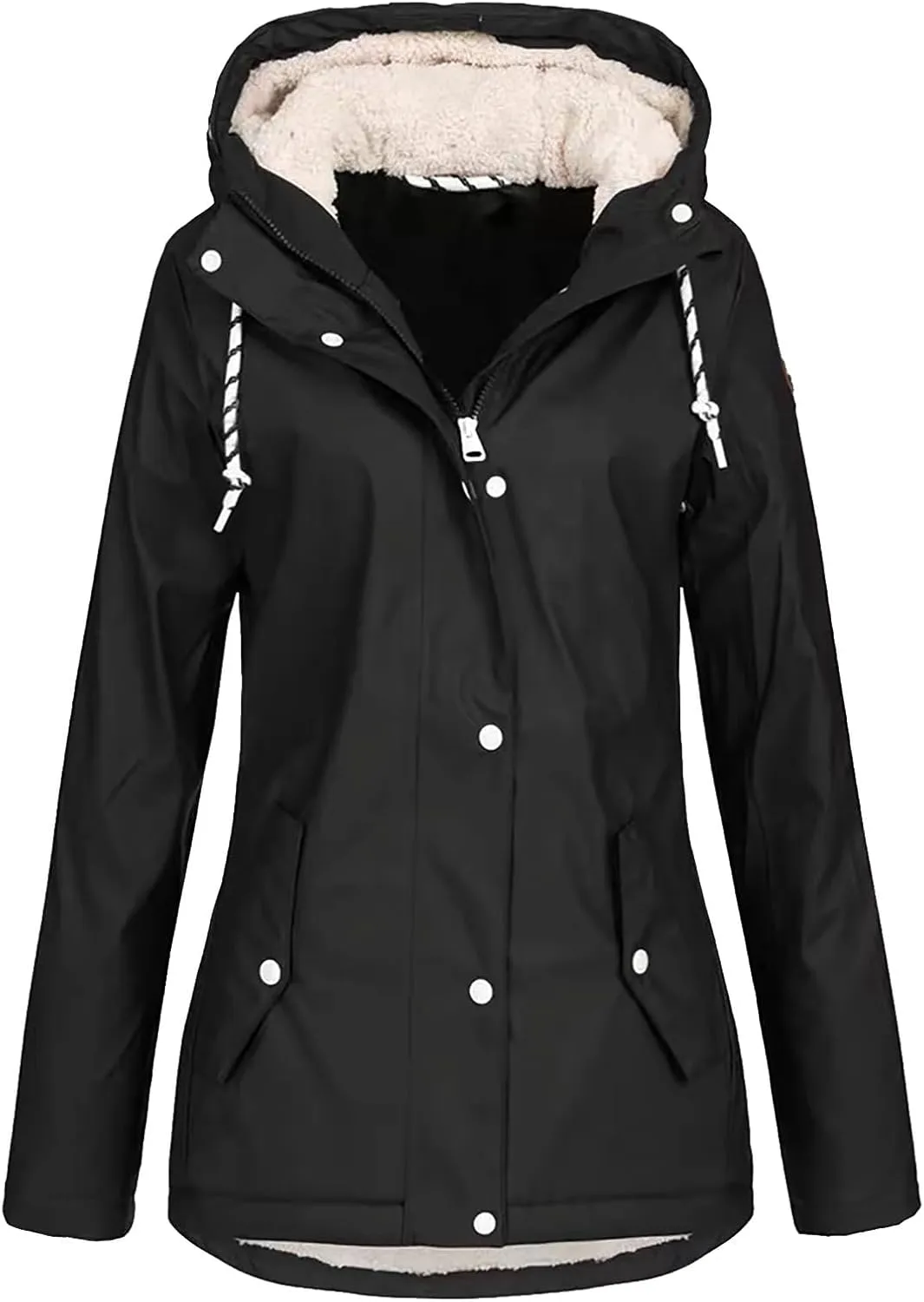 Hasta Womens Rain Jackets Waterproof Hood Thickened Long Rain Coats Fleece Warm Windbreaker Winter Outdoor Snow Trench Coats