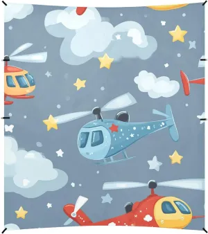 Helicopter Stars Cloud Silver Beach Cabana UPF50  Protection Water-Resistant Large Sun Shade with Sturdy Poles, Sandbags and Shovel for Camping, Picnics, Backyard