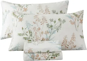 Helthep Floral Sheet Set Twin, 100% Cotton Green Leaves Printed Bed Sheets Floral Patterned Sheets Twin with 17.5" Deep Pocket, 4Pcs White Botanical Vintage Flower Sheet for Twin Size Bed