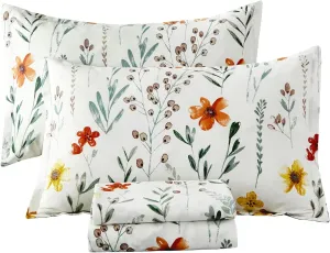 Helthep Floral Sheet Set Twin, 100% Cotton Green Leaves Printed Bed Sheets Floral Patterned Sheets Twin with 17.5" Deep Pocket, 4Pcs White Botanical Vintage Yellow Flower Sheet for Twin Size Bed