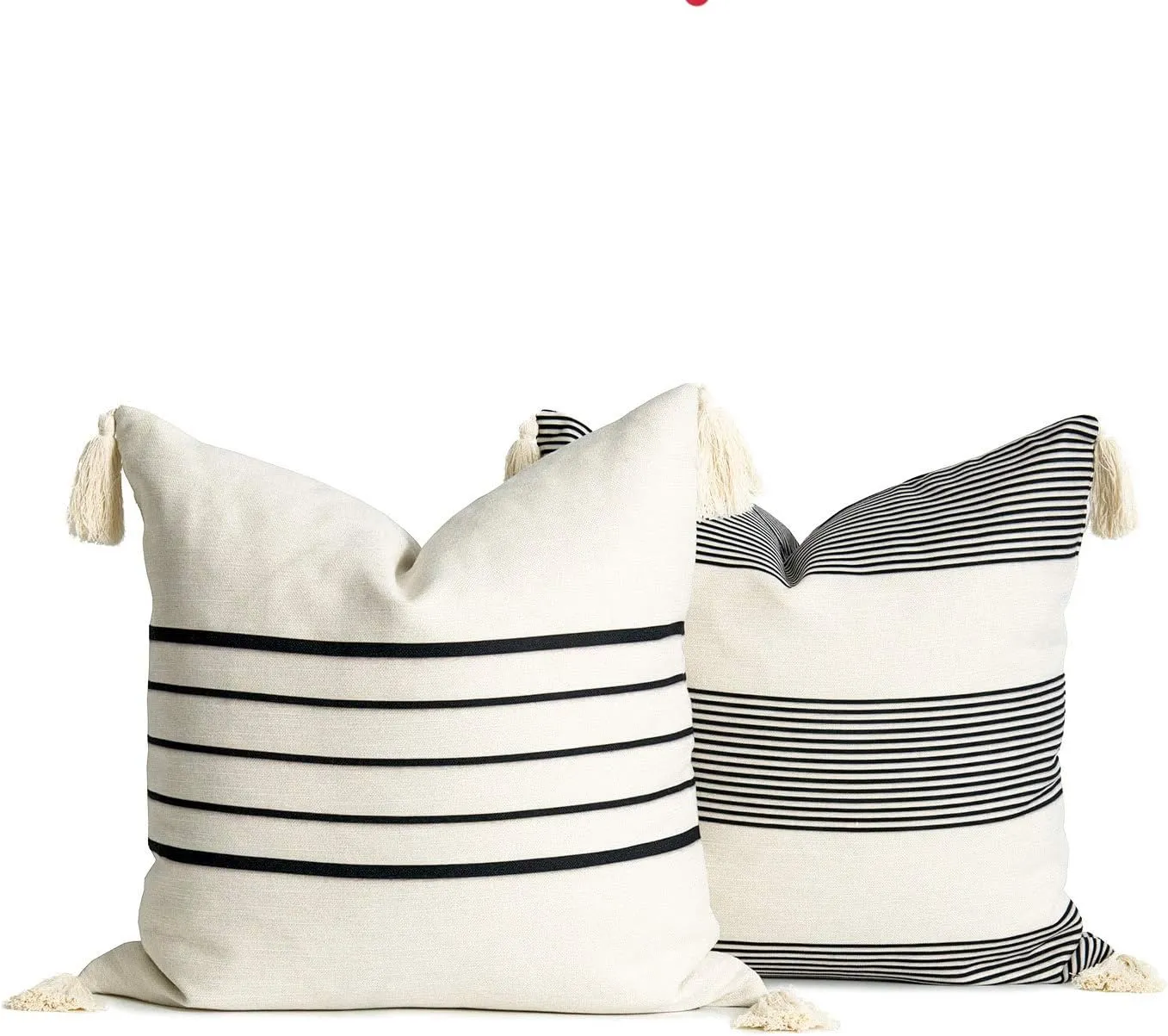 Hofdeco Moroccan Tassel Neutral Decorative Pillow Covers ONLY, Beige Gray Stripes, 18"x18", Set of 2
