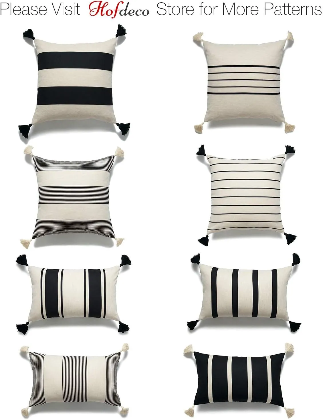 Hofdeco Moroccan Tassel Neutral Decorative Pillow Covers ONLY, Beige Gray Stripes, 18"x18", Set of 2