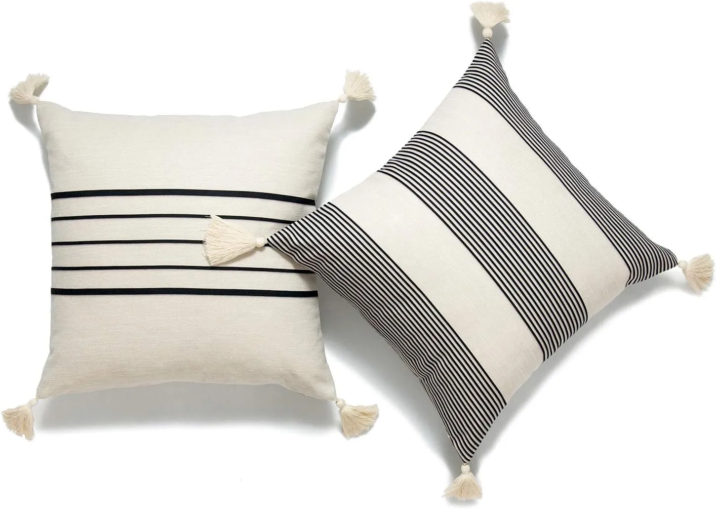 Hofdeco Moroccan Tassel Neutral Decorative Pillow Covers ONLY, Beige Gray Stripes, 18"x18", Set of 2