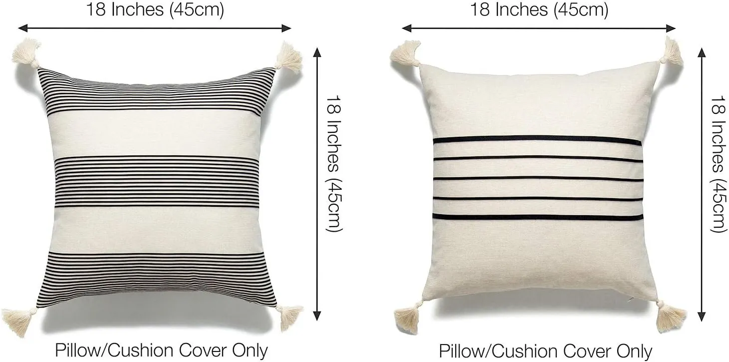 Hofdeco Moroccan Tassel Neutral Decorative Pillow Covers ONLY, Beige Gray Stripes, 18"x18", Set of 2