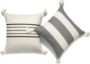 Hofdeco Moroccan Tassel Neutral Decorative Pillow Covers ONLY, Beige Gray Stripes, 18"x18", Set of 2
