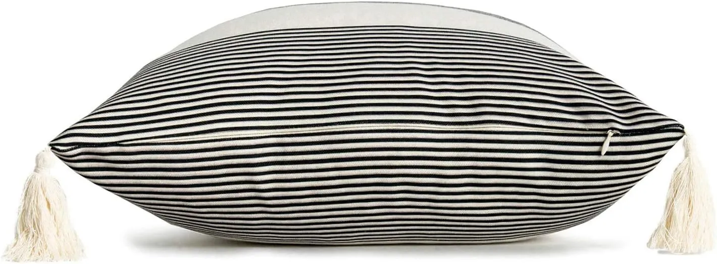 Hofdeco Moroccan Tassel Neutral Decorative Pillow Covers ONLY, Beige Gray Stripes, 18"x18", Set of 2