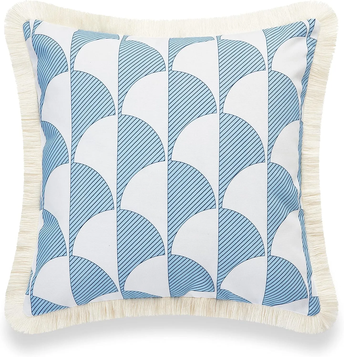 Hofdeco Premium Coastal Hampton Style Patio Indoor Outdoor Pillow Cover Only, 20"x20" Water Resistant for Backyard, Couch, Baby Blue Scale Motif Fringe