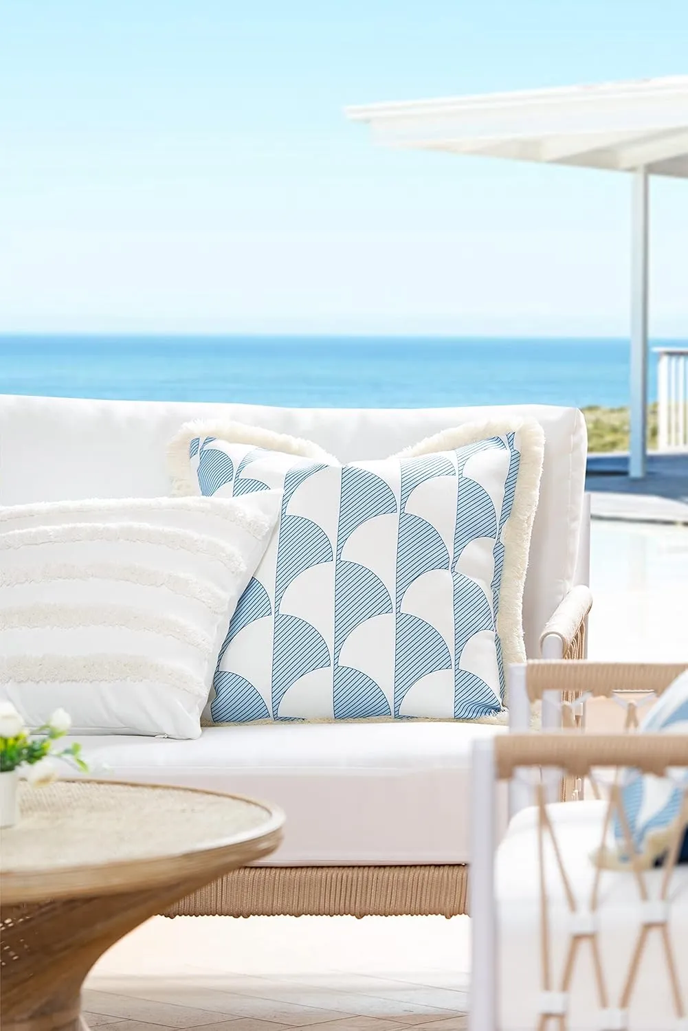 Hofdeco Premium Coastal Hampton Style Patio Indoor Outdoor Pillow Cover Only, 20"x20" Water Resistant for Backyard, Couch, Baby Blue Scale Motif Fringe