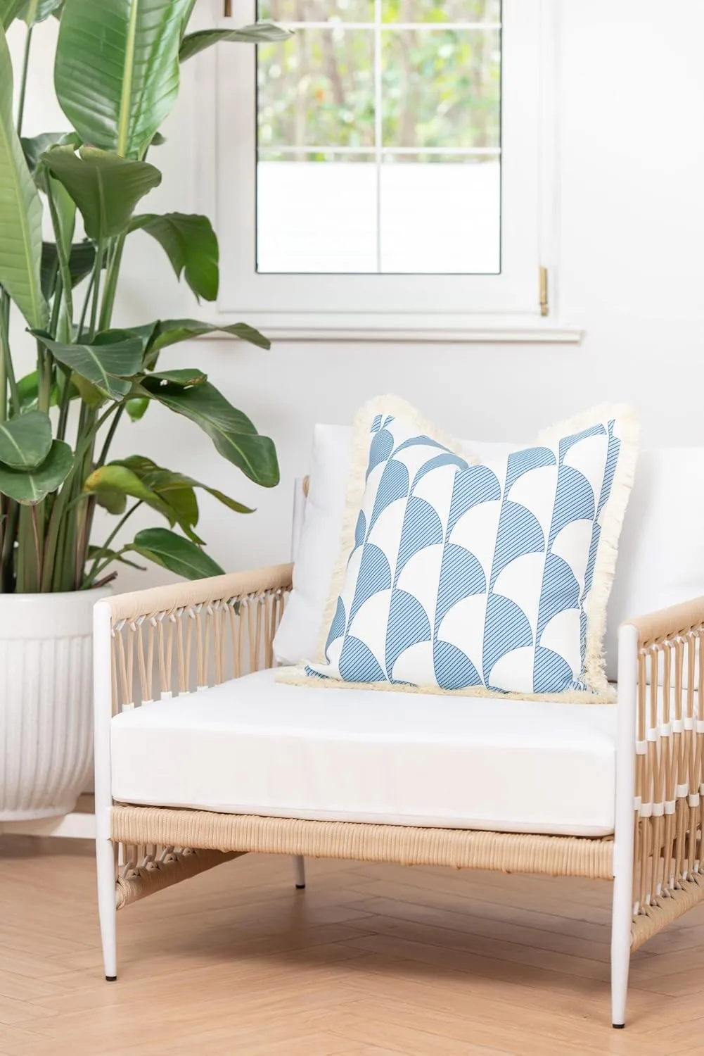 Hofdeco Premium Coastal Hampton Style Patio Indoor Outdoor Pillow Cover Only, 20"x20" Water Resistant for Backyard, Couch, Baby Blue Scale Motif Fringe