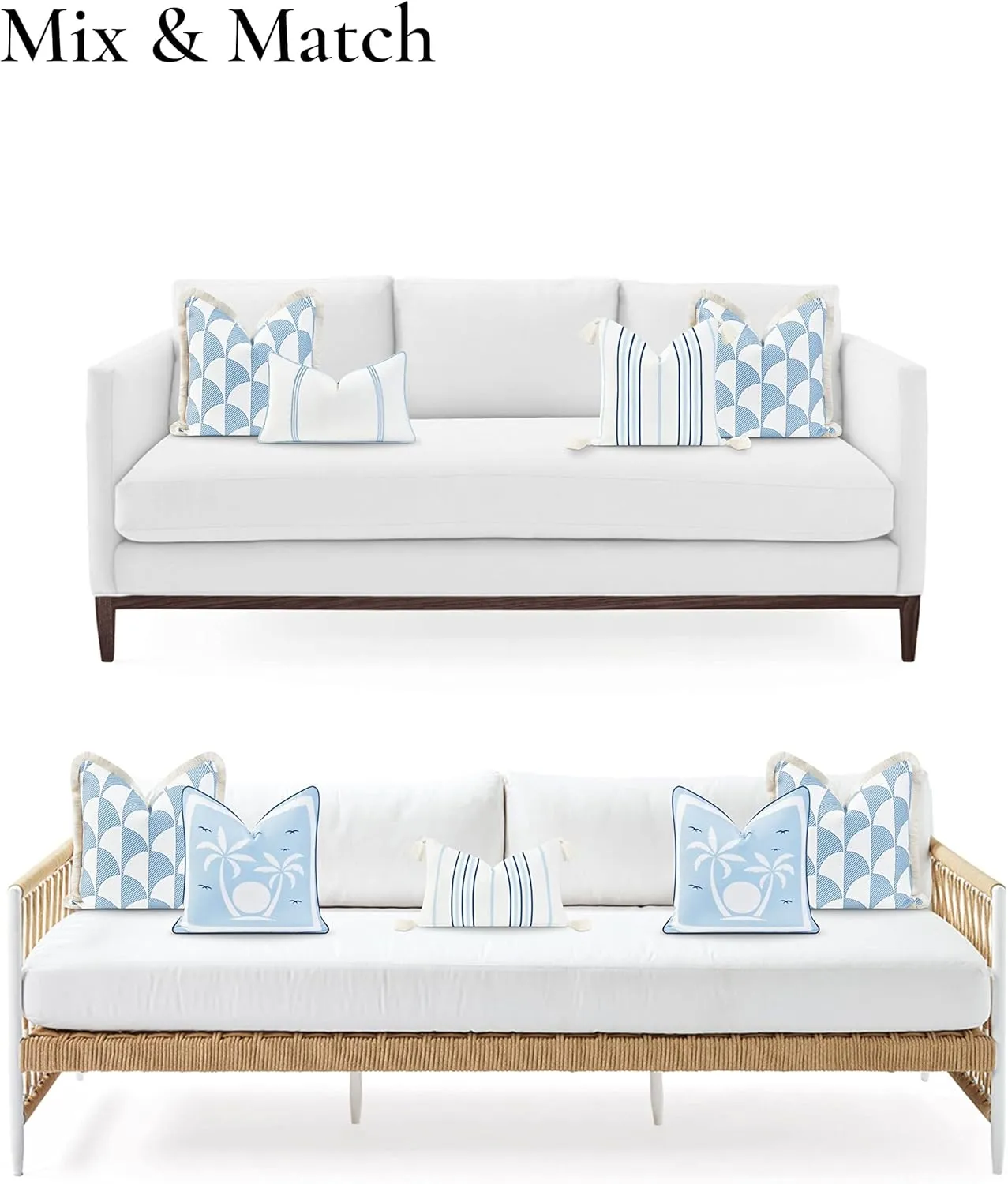 Hofdeco Premium Coastal Hampton Style Patio Indoor Outdoor Pillow Cover Only, 20"x20" Water Resistant for Backyard, Couch, Baby Blue Scale Motif Fringe