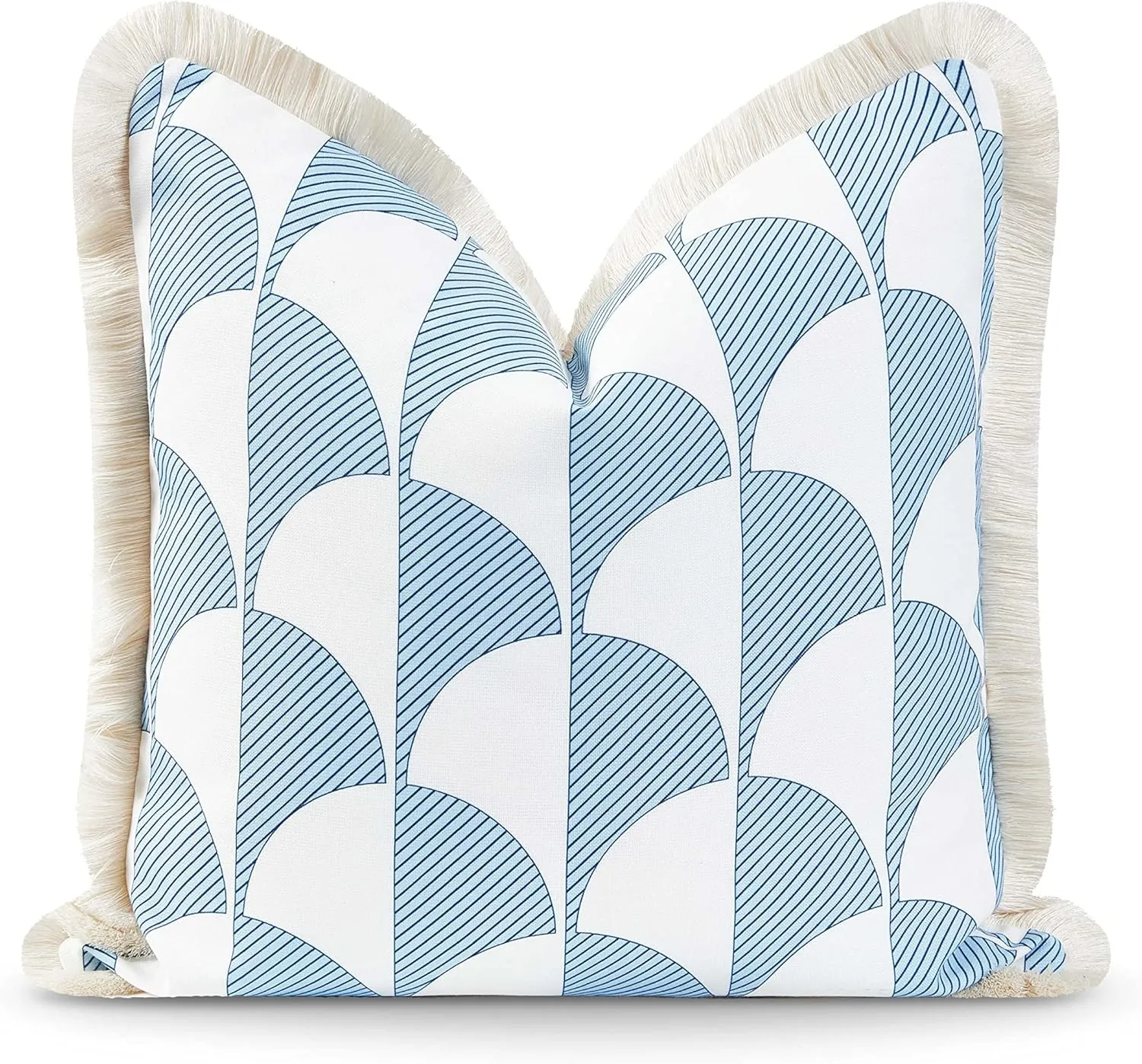 Hofdeco Premium Coastal Hampton Style Patio Indoor Outdoor Pillow Cover Only, 20"x20" Water Resistant for Backyard, Couch, Baby Blue Scale Motif Fringe