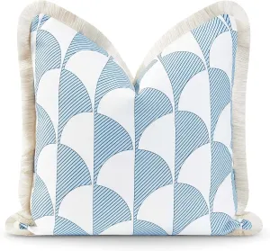 Hofdeco Premium Coastal Hampton Style Patio Indoor Outdoor Pillow Cover Only, 20"x20" Water Resistant for Backyard, Couch, Baby Blue Scale Motif Fringe