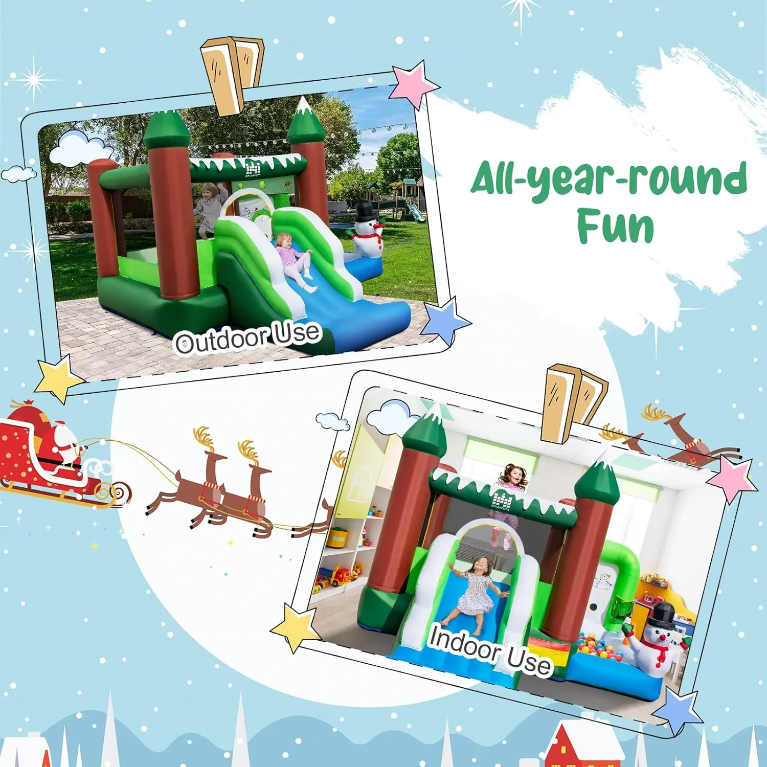 HONEY JOY Inflatable Bounce House, Snowman Theme Bouncy House for Kids, Toddler Bouncy Castle for Yard, Lawn, Park, Christmas Inflatable Snow House for Outdoor Party with 735w Air Blower