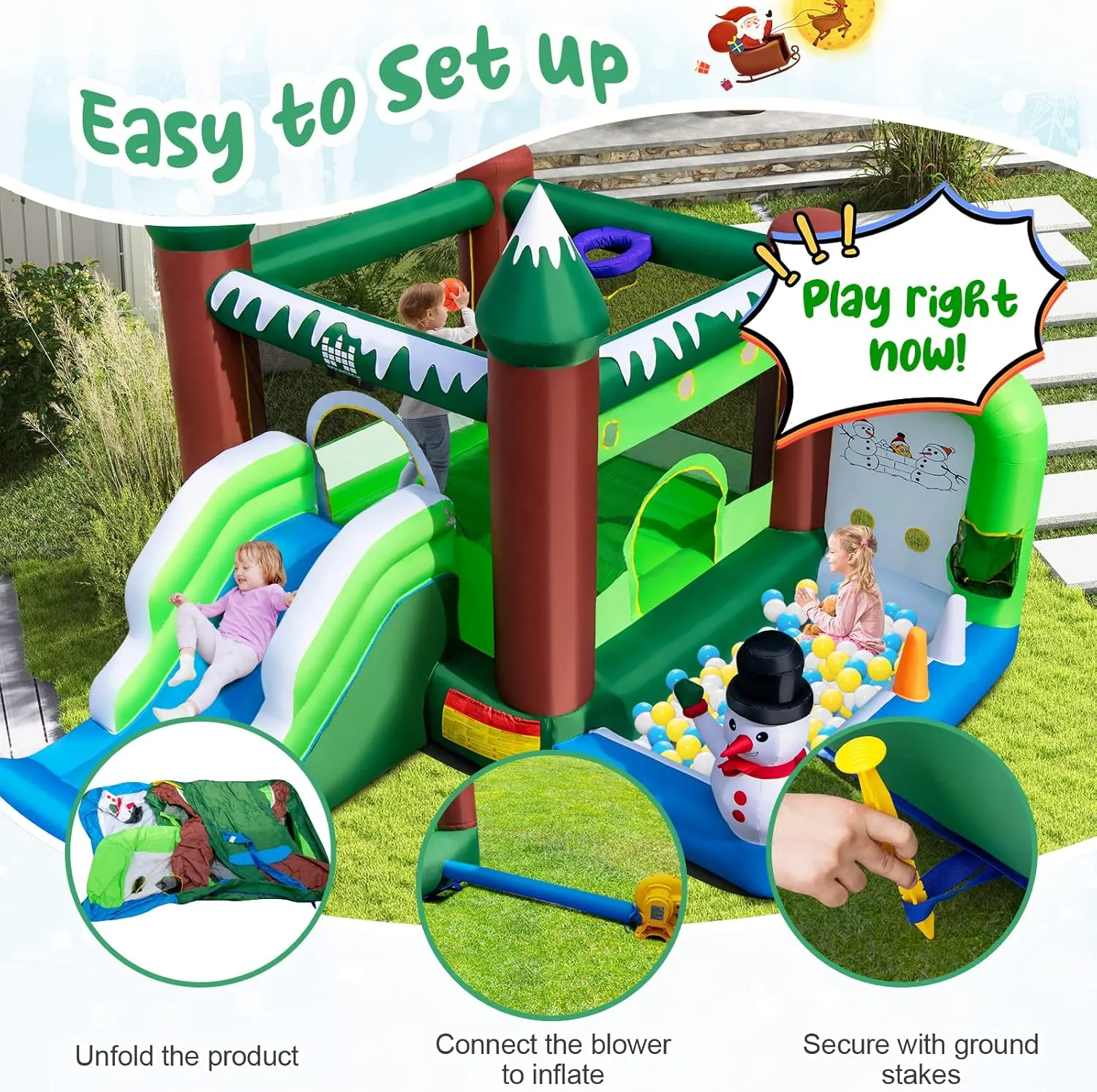 HONEY JOY Inflatable Bounce House, Snowman Theme Bouncy House for Kids, Toddler Bouncy Castle for Yard, Lawn, Park, Christmas Inflatable Snow House for Outdoor Party with 735w Air Blower
