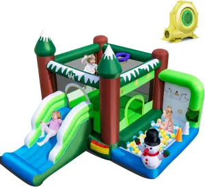 HONEY JOY Inflatable Bounce House, Snowman Theme Bouncy House for Kids, Toddler Bouncy Castle for Yard, Lawn, Park, Christmas Inflatable Snow House for Outdoor Party with 735w Air Blower