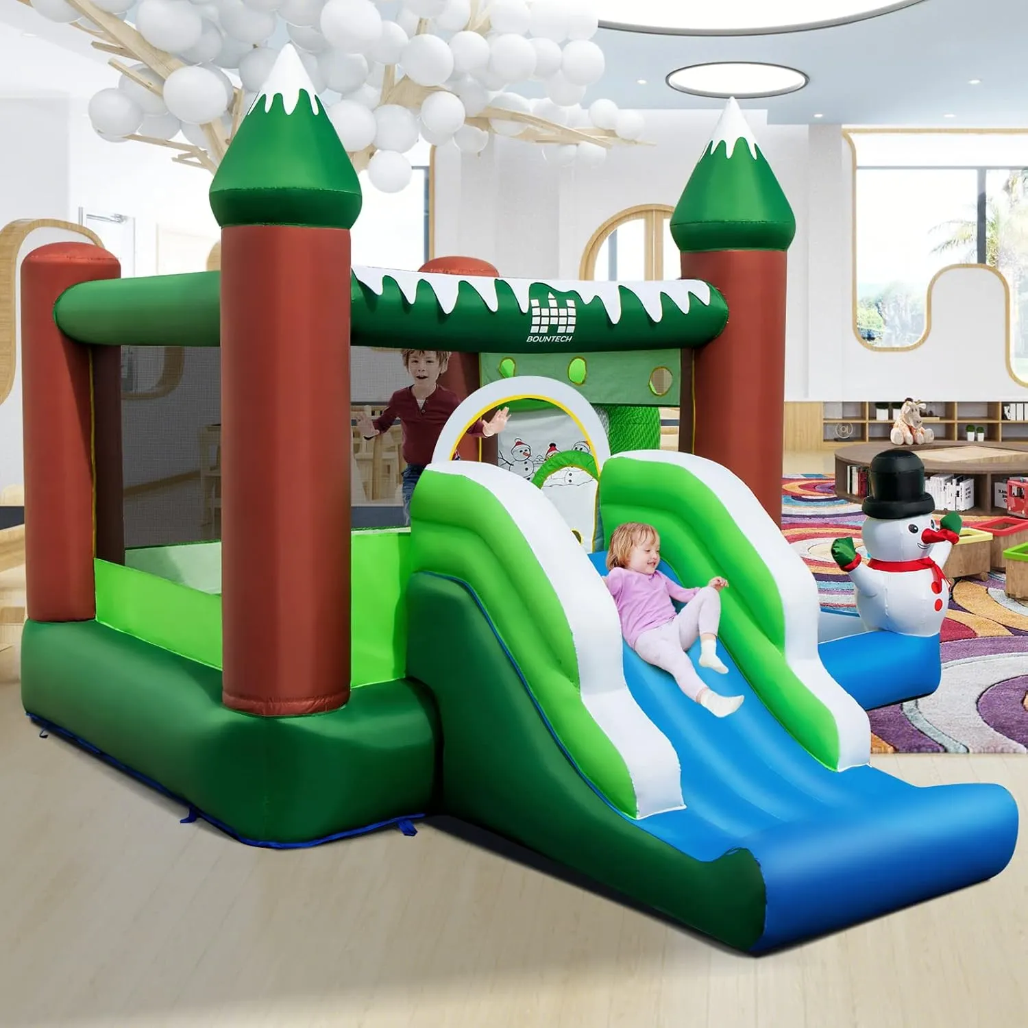 HONEY JOY Inflatable Bounce House, Snowman Theme Bouncy House for Kids, Toddler Bouncy Castle for Yard, Lawn, Park, Christmas Inflatable Snow House for Outdoor Party with 735w Air Blower