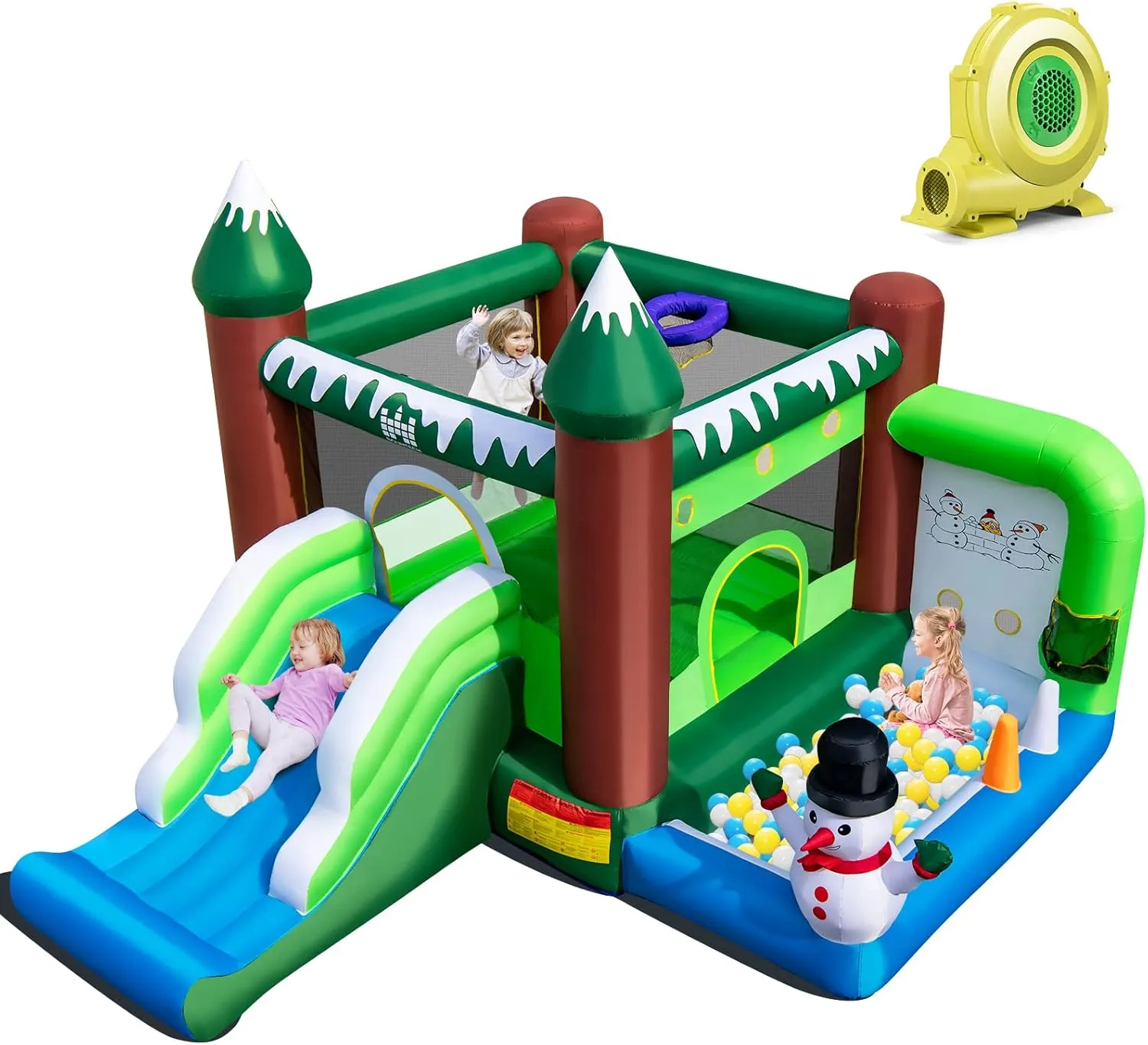 HONEY JOY Inflatable Bounce House, Snowman Theme Bouncy House for Kids, Toddler Bouncy Castle for Yard, Lawn, Park, Christmas Inflatable Snow House for Outdoor Party with 735w Air Blower