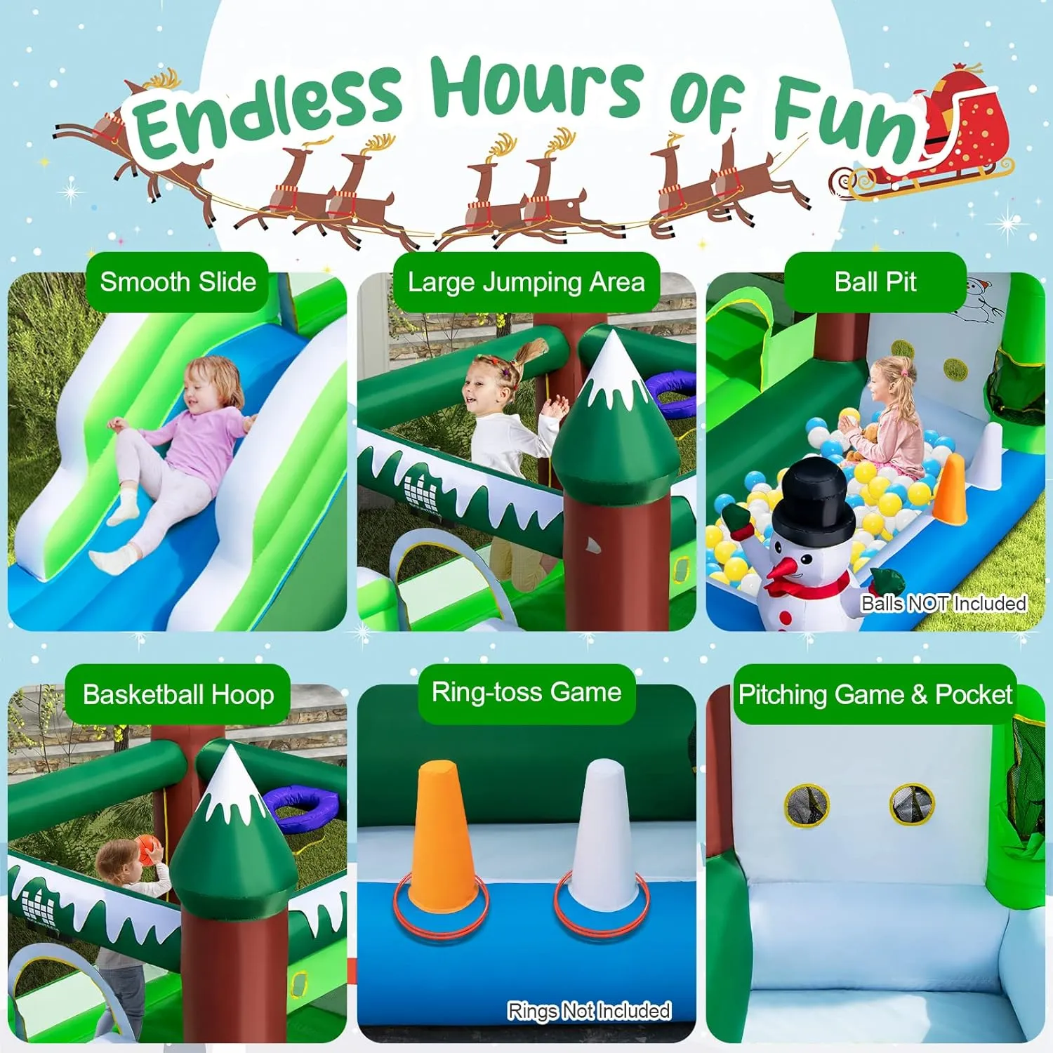 HONEY JOY Inflatable Bounce House, Snowman Theme Bouncy House for Kids, Toddler Bouncy Castle for Yard, Lawn, Park, Christmas Inflatable Snow House for Outdoor Party with 735w Air Blower