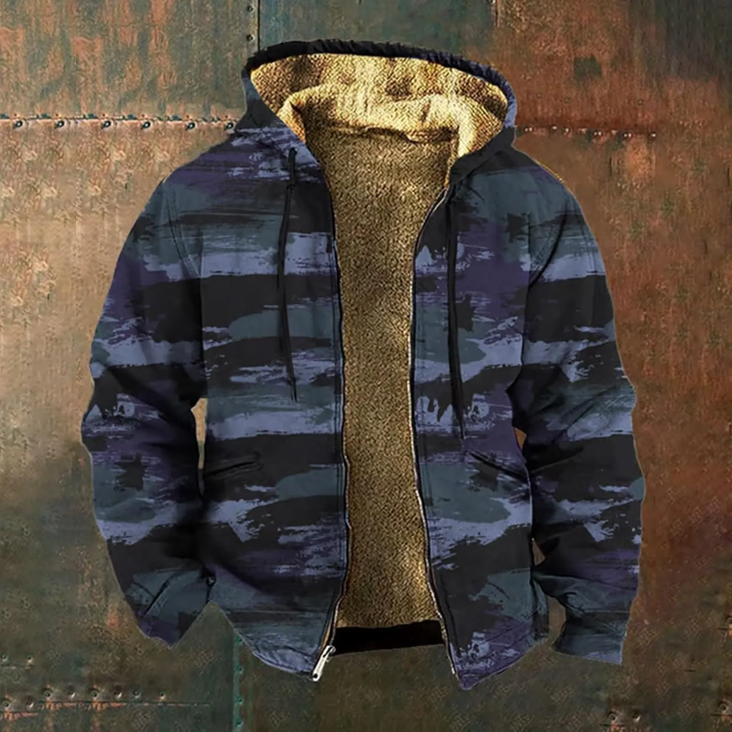 Hoodies for Men Oversized Full Zip Fleece Sherpa Lined Jackets Coat Camo Print Winter Thermal Outerwear Big and Tall