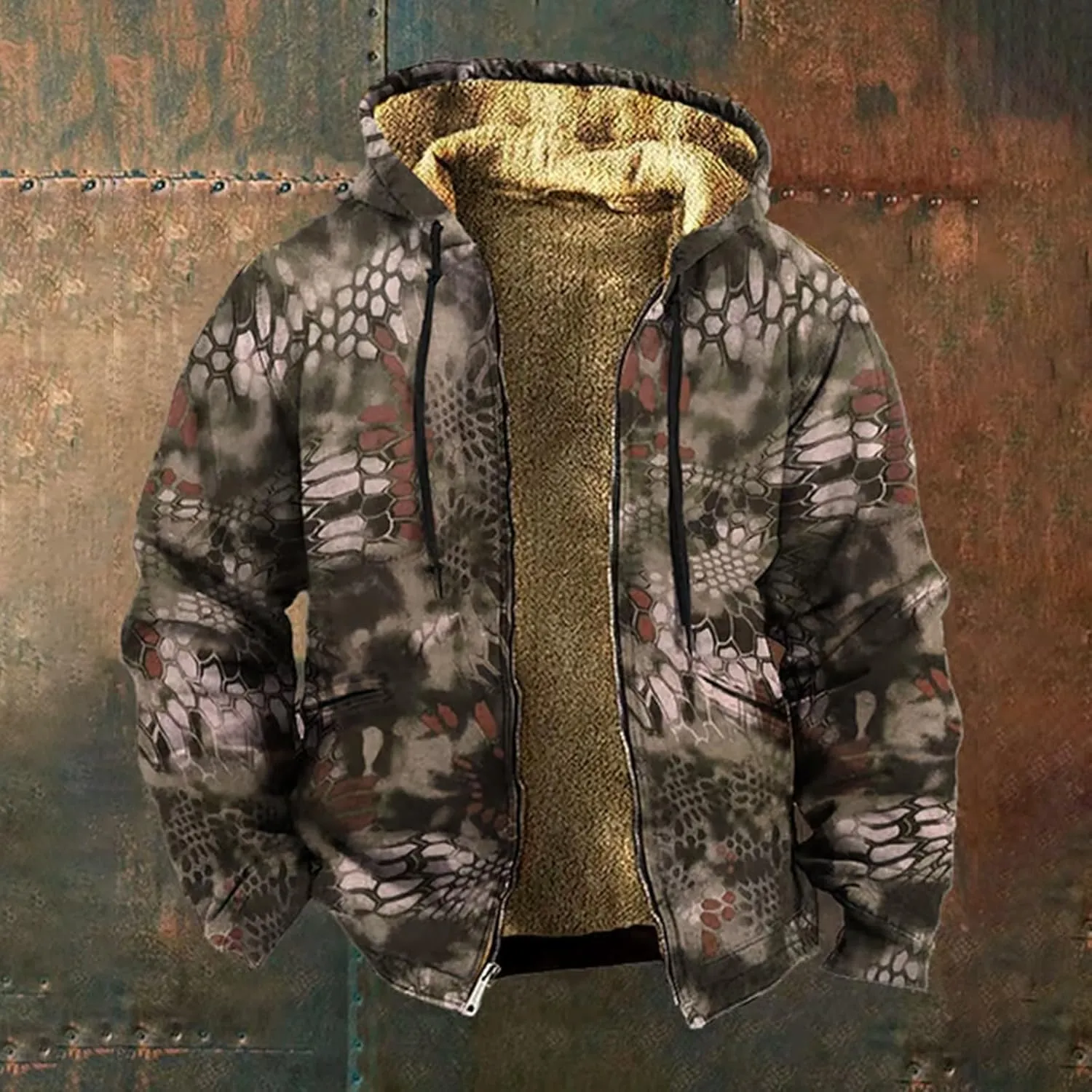 Hoodies for Men Oversized Full Zip Fleece Sherpa Lined Jackets Coat Camo Print Winter Thermal Outerwear Big and Tall