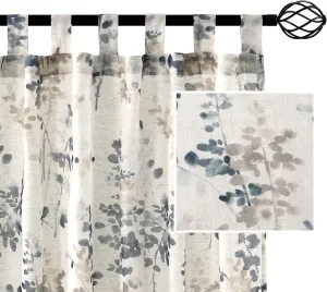 H.VERSAILTEX Linen Sheer Curtains for Living Room Sheer Panels 63 Inches Long Light Filtering Tab Top Window Treatment Drapes for Bedroom, 2 Panels, Vintage Classical Floral Print Bluestone and Taupe