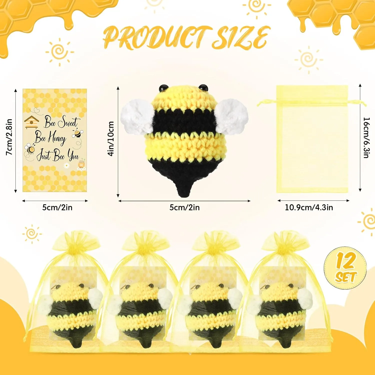 HyDren 12 Sets Emotional Plush Crochet Animal Encouraging Handmade Crochet Gifts Collectible with Positive Card Organza Bag for Employee Coworker Volunteer(Bee)