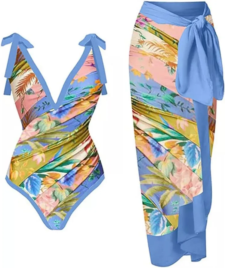 IDOPIP Women's One Piece Swimsuit with Beach Cover up Wrap Skirt Sarong Retro Floral Print Bikini Set Two Piece Bathing Suit