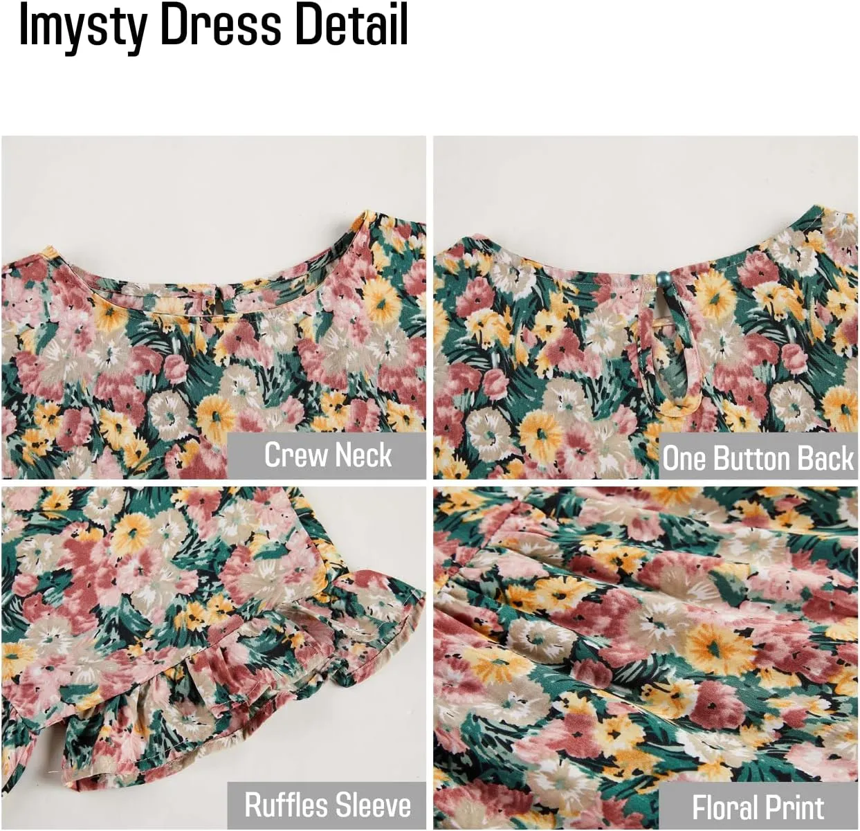 Imysty Womens Boho Floral Ruffle Sleeve Babydoll Loose Flowy Casual Summer Pleated Mini Dress