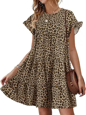 Imysty Womens Boho Floral Ruffle Sleeve Babydoll Loose Flowy Casual Summer Pleated Mini Dress