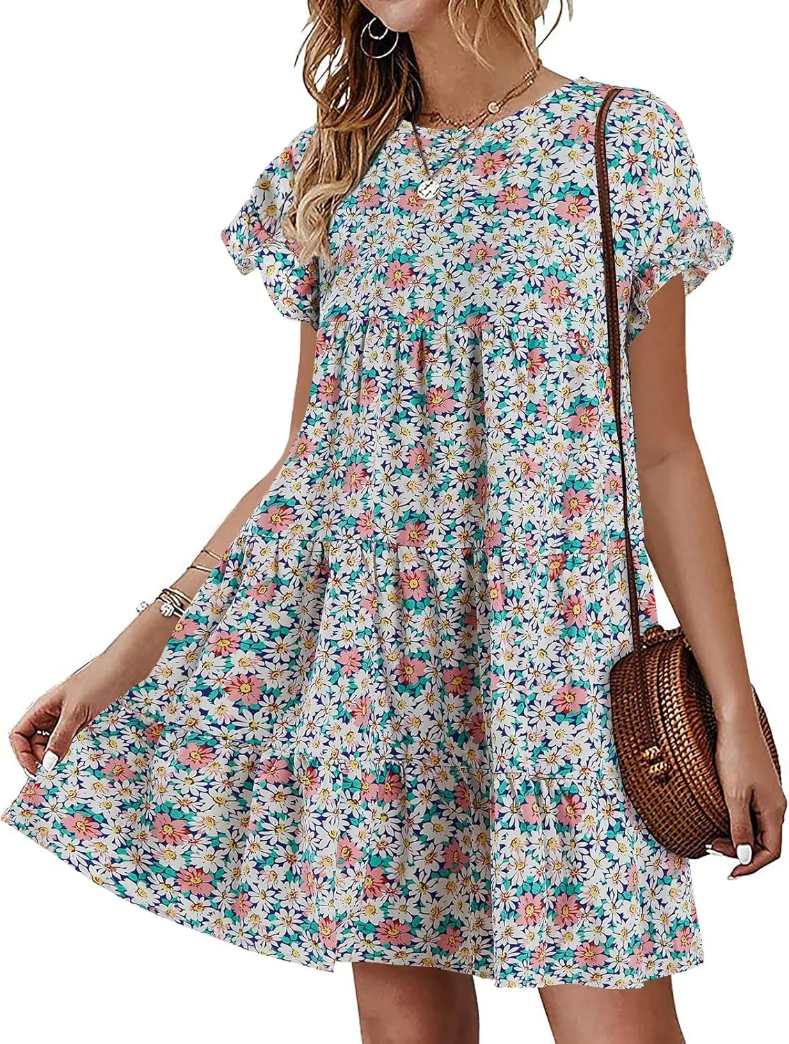 Imysty Womens Boho Floral Ruffle Sleeve Babydoll Loose Flowy Casual Summer Pleated Mini Dress