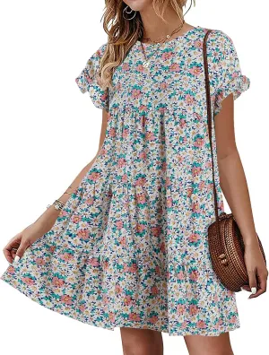 Imysty Womens Boho Floral Ruffle Sleeve Babydoll Loose Flowy Casual Summer Pleated Mini Dress