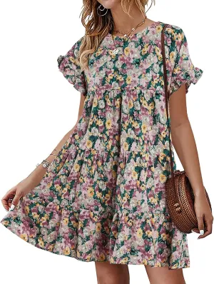 Imysty Womens Boho Floral Ruffle Sleeve Babydoll Loose Flowy Casual Summer Pleated Mini Dress
