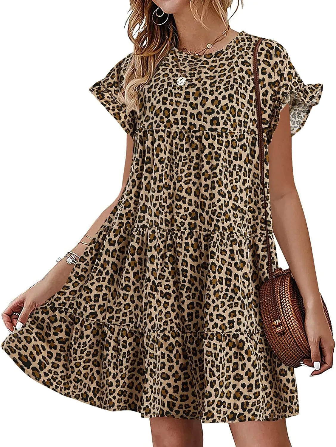 Imysty Womens Boho Floral Ruffle Sleeve Babydoll Loose Flowy Casual Summer Pleated Mini Dress