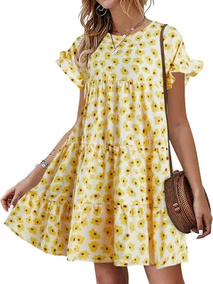 Imysty Womens Boho Floral Ruffle Sleeve Babydoll Loose Flowy Casual Summer Pleated Mini Dress