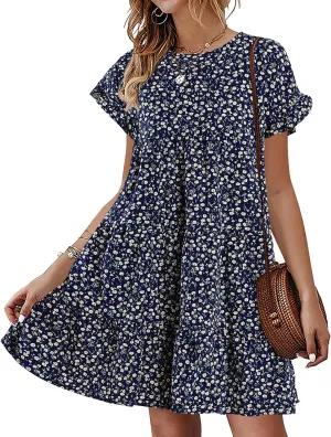 Imysty Womens Boho Floral Ruffle Sleeve Babydoll Loose Flowy Casual Summer Pleated Mini Dress