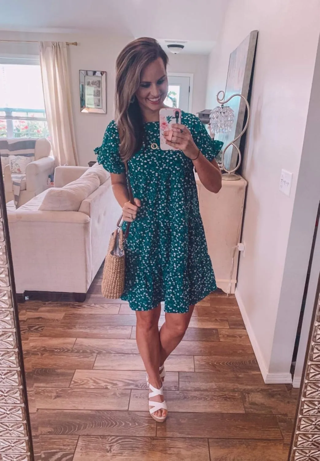 Imysty Womens Boho Floral Ruffle Sleeve Babydoll Loose Flowy Casual Summer Pleated Mini Dress