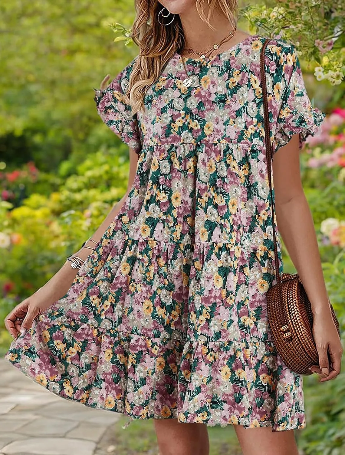 Imysty Womens Boho Floral Ruffle Sleeve Babydoll Loose Flowy Casual Summer Pleated Mini Dress