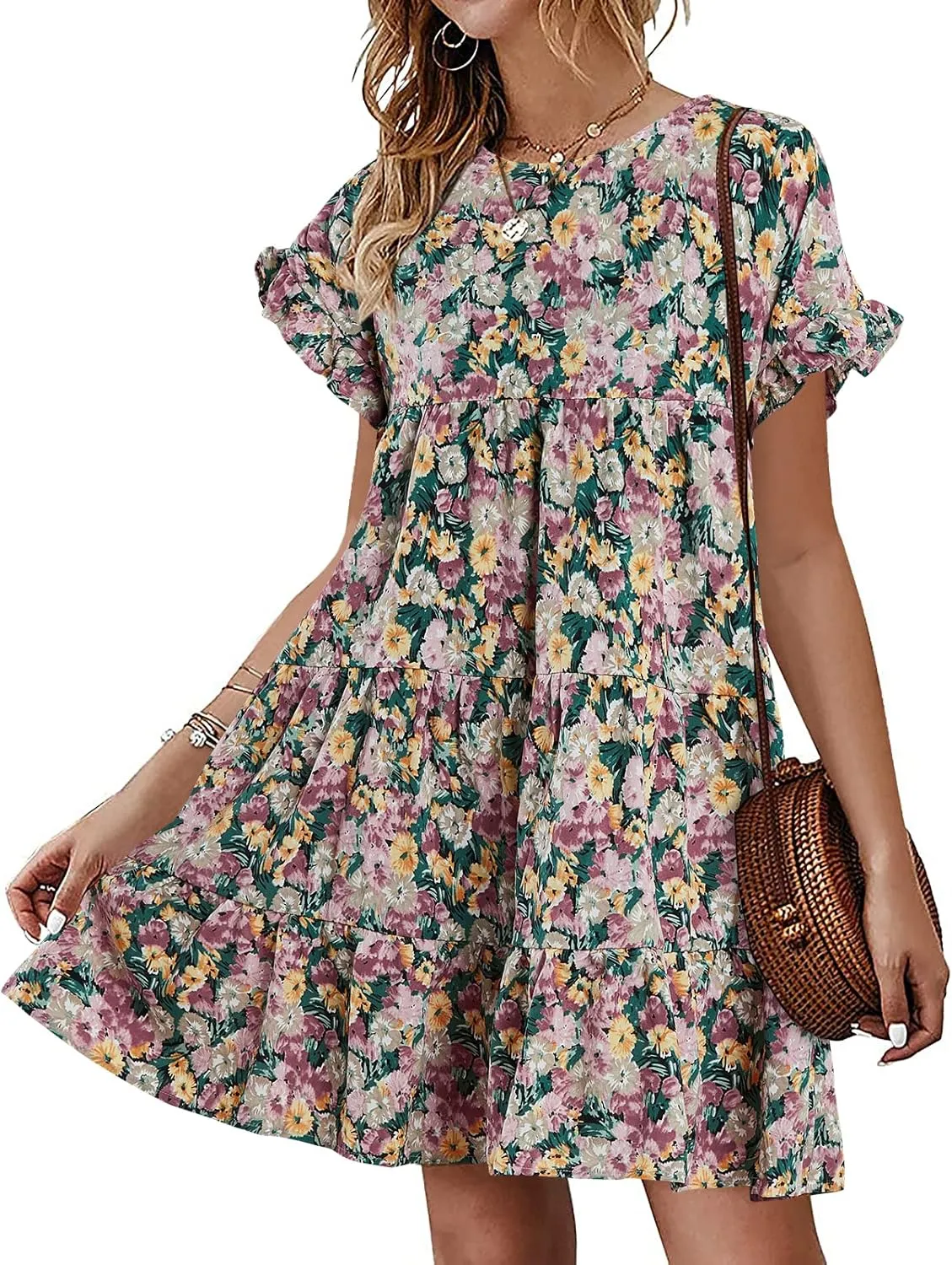 Imysty Womens Boho Floral Ruffle Sleeve Babydoll Loose Flowy Casual Summer Pleated Mini Dress