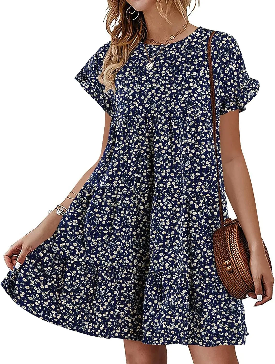 Imysty Womens Boho Floral Ruffle Sleeve Babydoll Loose Flowy Casual Summer Pleated Mini Dress