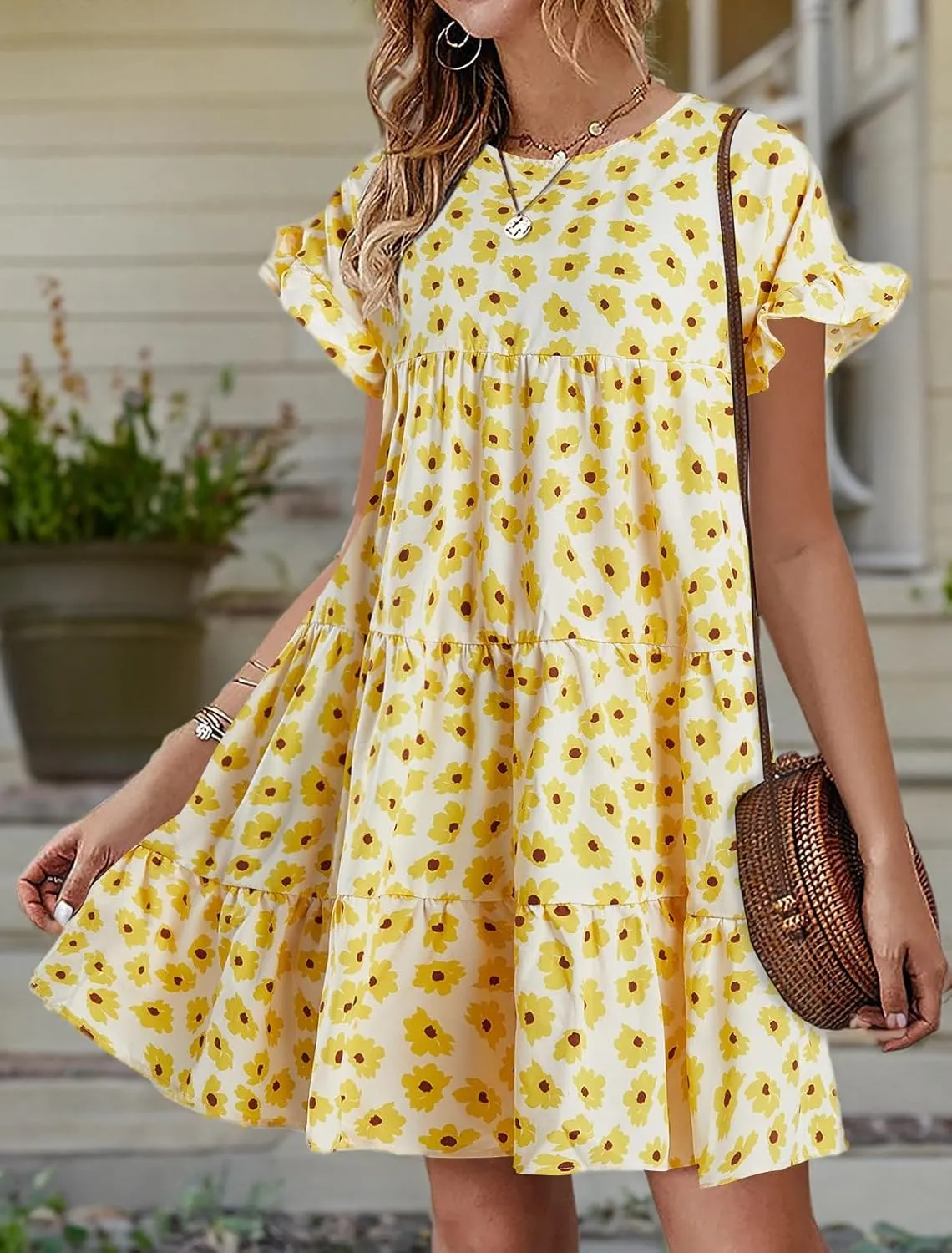 Imysty Womens Boho Floral Ruffle Sleeve Babydoll Loose Flowy Casual Summer Pleated Mini Dress