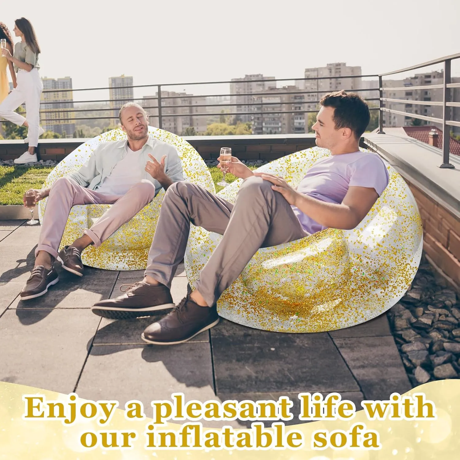 Inflatable Bean Bag Chair for Adult Bean Bag Sofa Chair Blow up Inflatable Furniture for Outdoor Living Room Bedroom Balcony Travel Party Gift Accessories(Gold Glitter,2 Pcs)