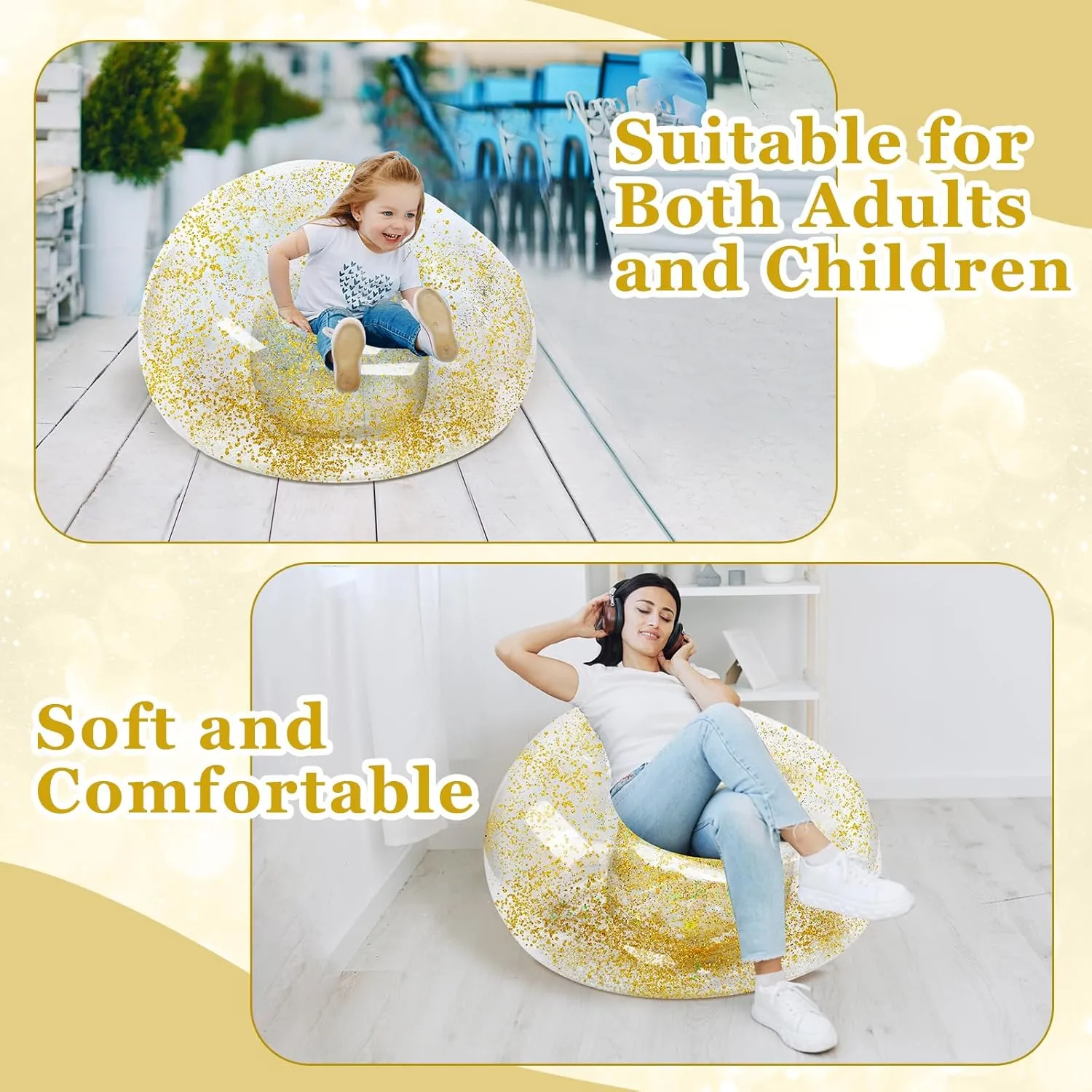 Inflatable Bean Bag Chair for Adult Bean Bag Sofa Chair Blow up Inflatable Furniture for Outdoor Living Room Bedroom Balcony Travel Party Gift Accessories(Gold Glitter,2 Pcs)