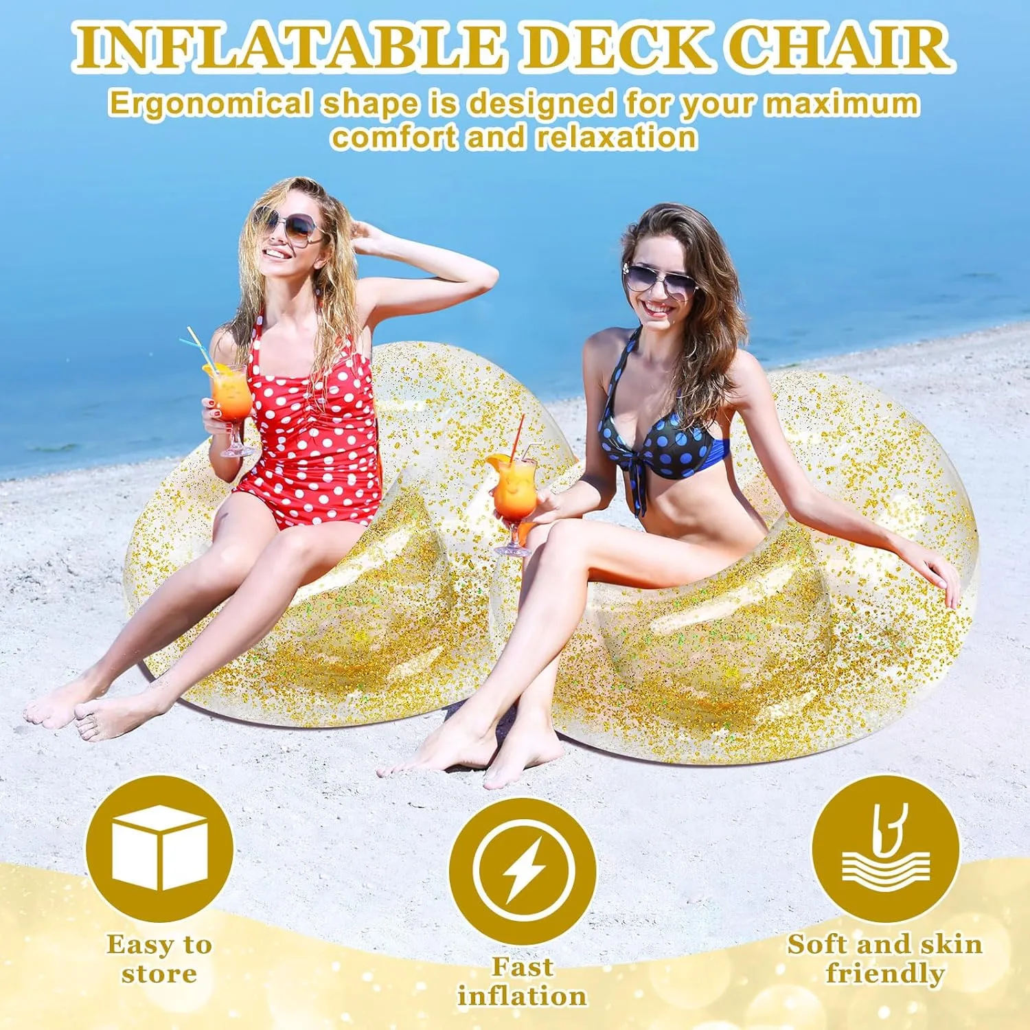 Inflatable Bean Bag Chair for Adult Bean Bag Sofa Chair Blow up Inflatable Furniture for Outdoor Living Room Bedroom Balcony Travel Party Gift Accessories(Gold Glitter,2 Pcs)