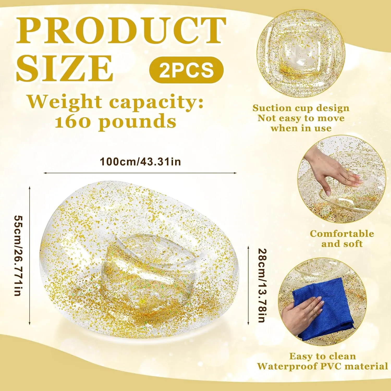 Inflatable Bean Bag Chair for Adult Bean Bag Sofa Chair Blow up Inflatable Furniture for Outdoor Living Room Bedroom Balcony Travel Party Gift Accessories(Gold Glitter,2 Pcs)